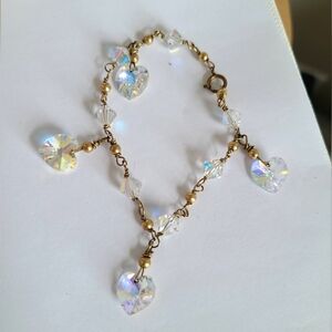 14K Gold Filled Swarovski Crystal Heart Dangle Wire Wrapped Charm Bracelet